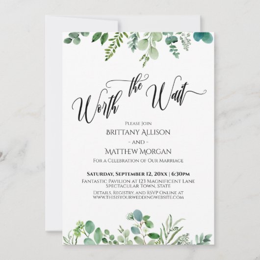 Invitation Réception de verdure d'eucalyptus Ça vaut l'attent (Devant)