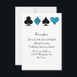 Invitation Réception destination Las Vegas Malibu Parties sci<br><div class="desc">Cette carte de réception faire-part de mariage est dotée d'une élégante typographie et d'un accent graphique de costumes de carte en faux parties scintillant blanc et bleu turquoise. Parfait pour un mariage de Las Vegas dans une petite chapelle au large de la bande, tout ce dont vous avez besoin est...</div>