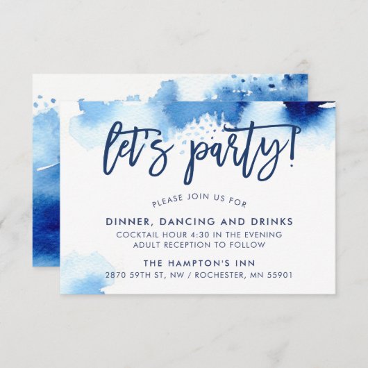 Invitation RÉCEPTION élégant lettré à la main marine aquarell (Devant / Derrière)