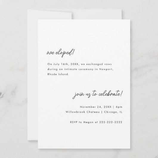 Invitation Réception Elopeption Mariage Photo Script Moderne (Dos)