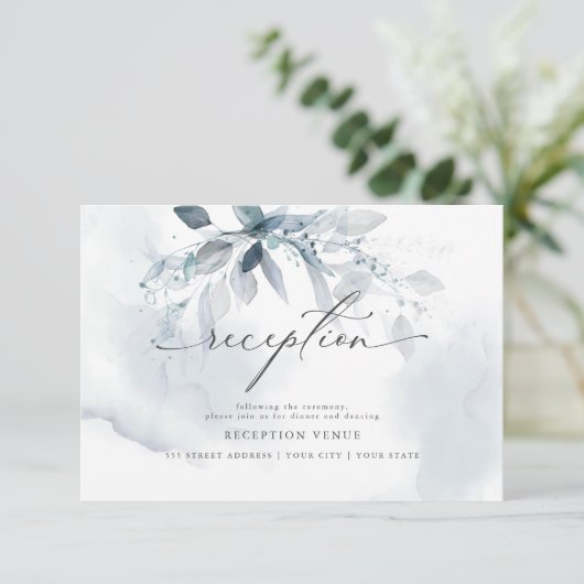 Invitation Réception en aquarelle en feuillage bleu rustique (Debout devant)