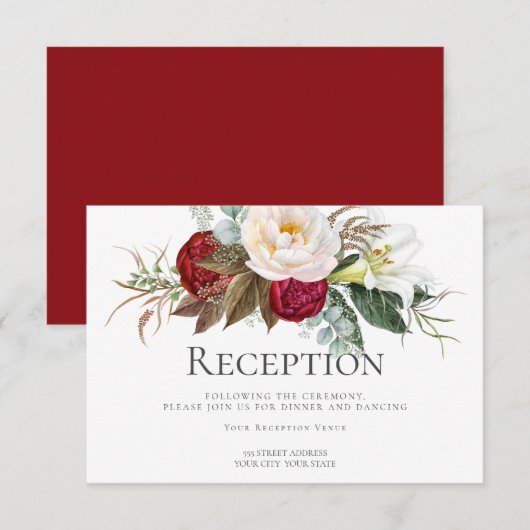 Invitation Réception | Fleurs de pivoine rouge ivoire Crimson (Devant / Derrière)