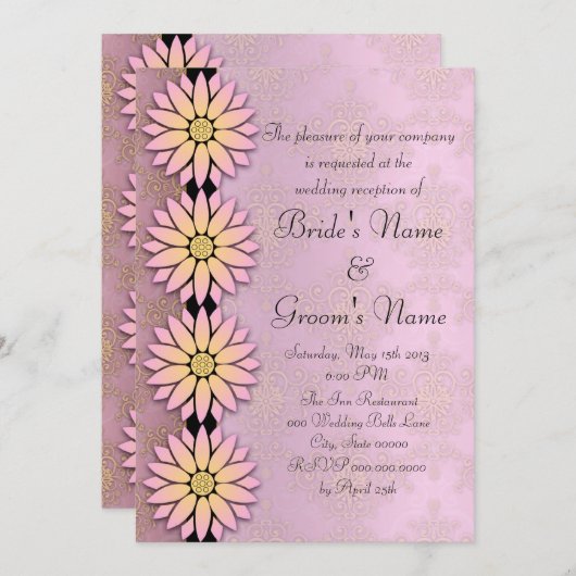 Invitation Réception Floral et Peachy Pink Mariage damassé (Devant / Derrière)