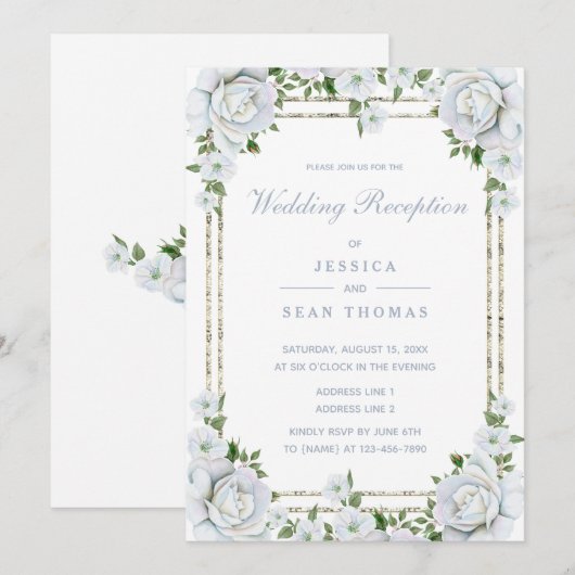 Invitation Réception florale Roses Chic et Bordure Argentée (Devant / Derrière)