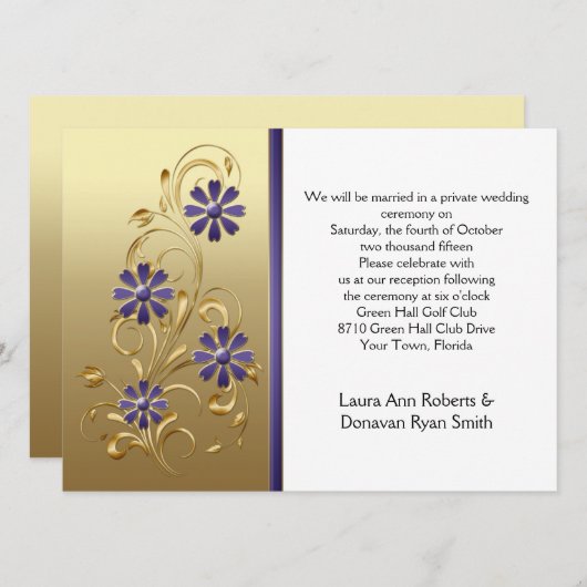 Invitation Réception Gold avec fleurs violettes uniquement (Devant / Derrière)