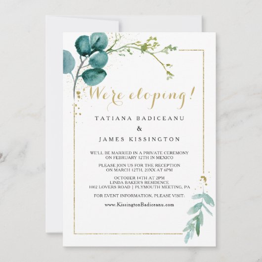 Invitation Réception Gold & Green Eucalyptus Eloptus (Devant)