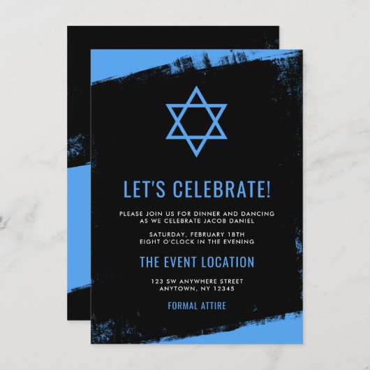Invitation Réception Grunge Blue Black Bar Mitzvah (Devant / Derrière)