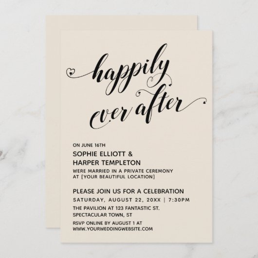 Invitation Réception Happily Ever After Hearts Script Cream (Devant / Derrière)