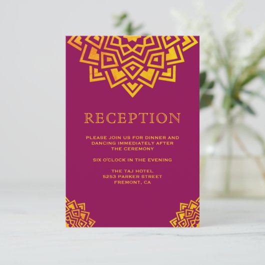 Invitation Réception indienne moderne de mandala rose or (Debout devant)