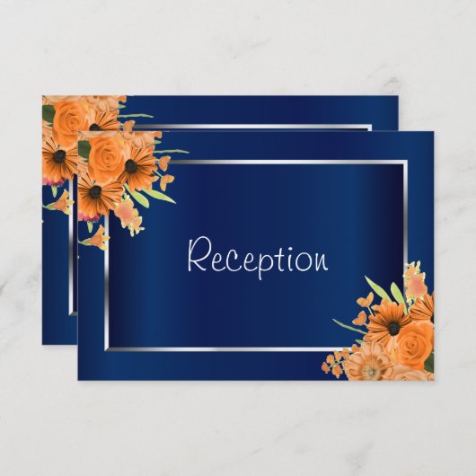 Invitation Réception - Jolies fleurs orange sur bleu marine (Devant / Derrière)