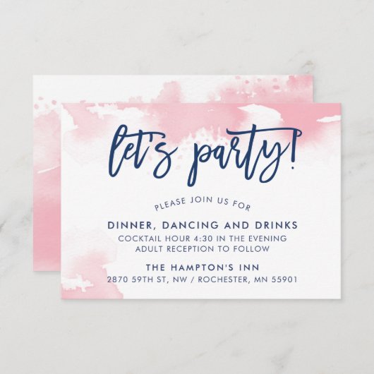 Invitation RÉCEPTION jolies lettres manuscrites aquarelle ros (Devant / Derrière)