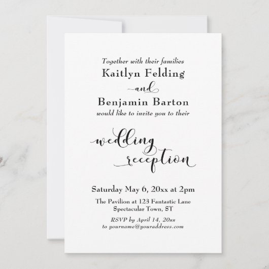 Invitation Réception Mariage Joli Script Noir Blanc Simple (Devant)