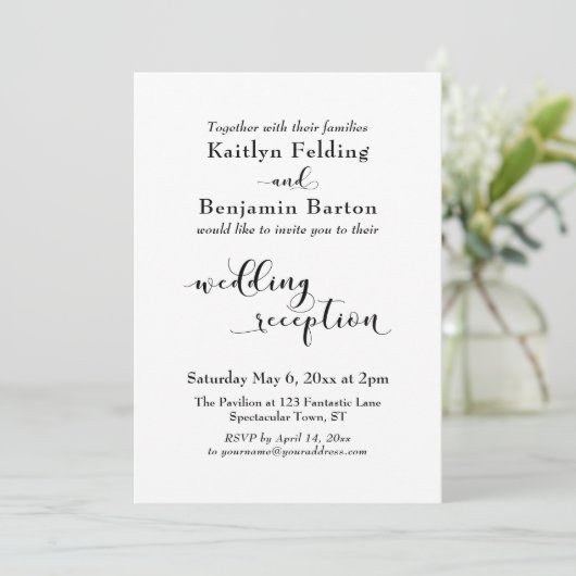 Invitation Réception Mariage Joli Script Noir Blanc Simple (Debout devant)