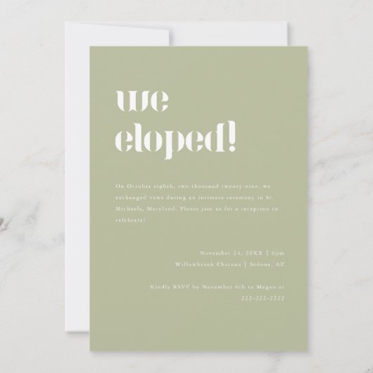 Invitation Réception Mariage moderne Sage Green Eloping (Dos)