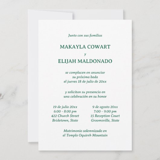 Invitation Réception minimaliste Espagnol-Anglais Deux (Dos)