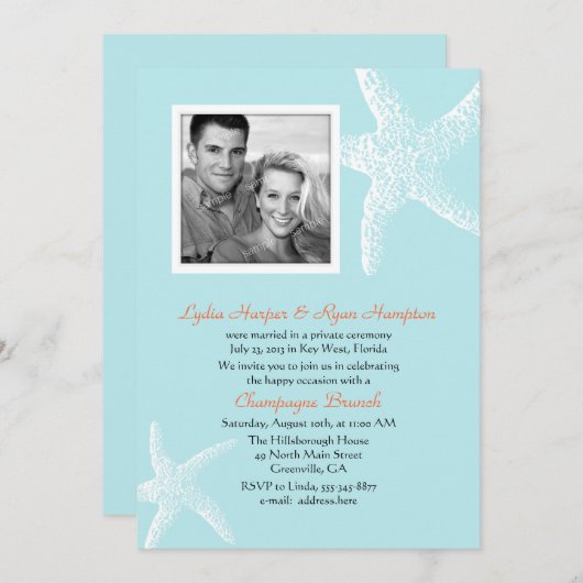 Invitation Réception Modèle photo Starfish Bleu Clair Uniquem (Devant / Derrière)
