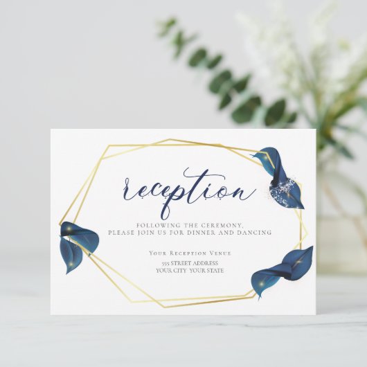 Invitation RÉCEPTION | Moderne Deep Indigo Bleu et Or (Debout devant)