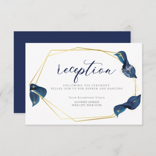 Invitation RÉCEPTION | Moderne Deep Indigo Bleu et Or (Devant / Derrière)