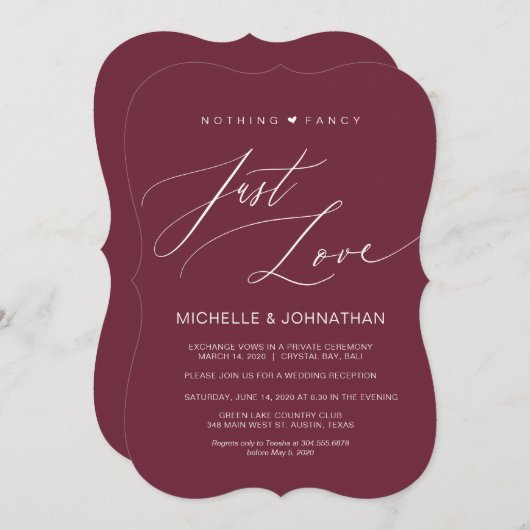 Invitation Réception moderne Script Bourgogne Mariage Elopeme (Devant / Derrière)