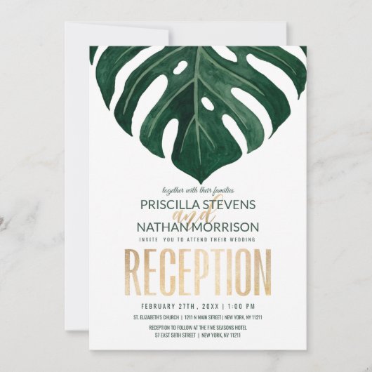 Invitation Réception moderne Tropical Swiss Cheese Leaf Gold (Devant)
