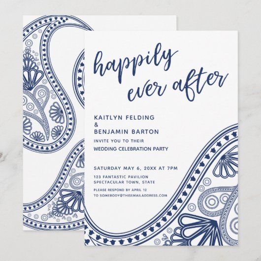 Invitation Réception Navy Happily Ever After Paisley uniqueme (Devant / Derrière)
