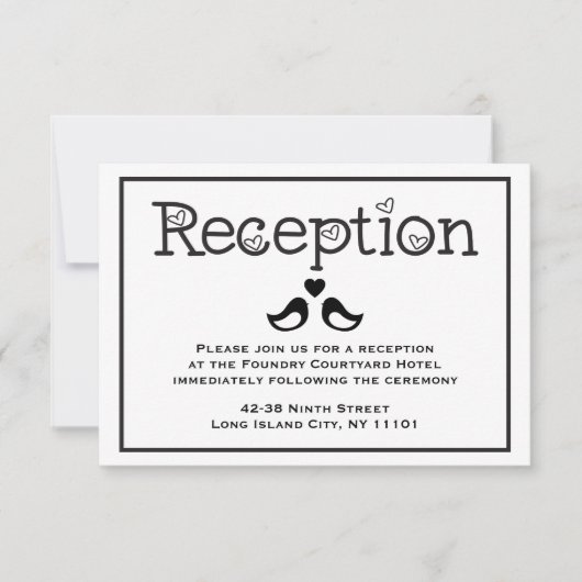 Invitation Réception Noir & Blanc Tourtereaux Mariage Cœurs (Devant)