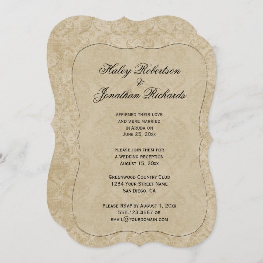 Invitation Réception Palest Gold Tan Damask Seulement (Devant / Derrière)