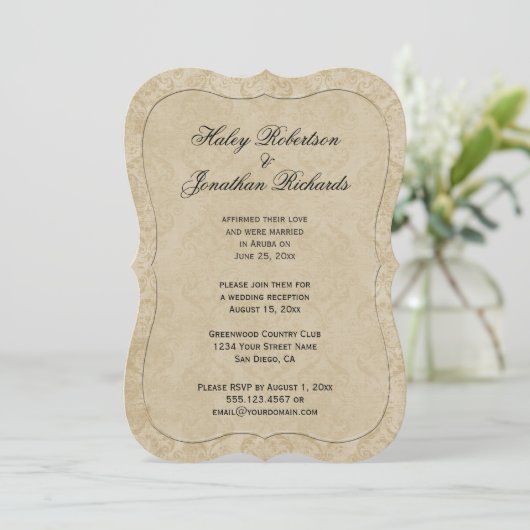 Invitation Réception Palest Gold Tan Damask Seulement (Debout devant)