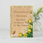 Invitation Réception Papillon Floral Bois Rustique Jaune (Debout devant)