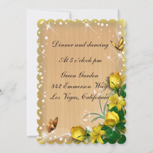 Invitation Réception papillon floral jaune bois rustique (Devant)