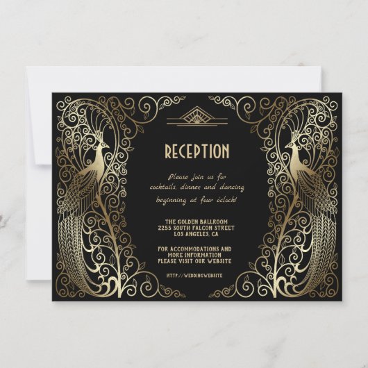 Invitation Réception principale Glam Gold Art Déco Paons (Devant)
