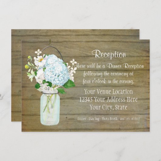 Invitation Réception rustique Pays Mason Jar Blue Hydrangeas (Devant / Derrière)
