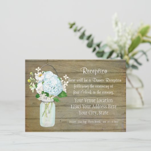 Invitation Réception rustique Pays Mason Jar Blue Hydrangeas (Debout devant)