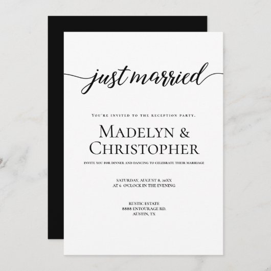 Invitation Réception seulement Mariage Script Juste marié (Devant / Derrière)