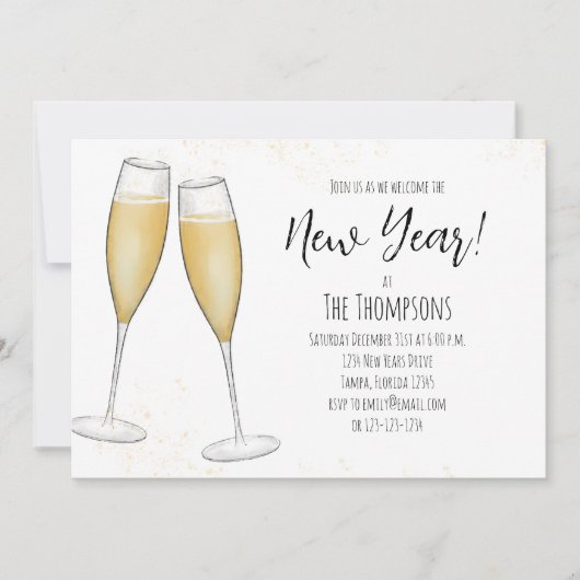 Invitation Réceptions du Nouvel An simples Champagne Code QR (Devant)
