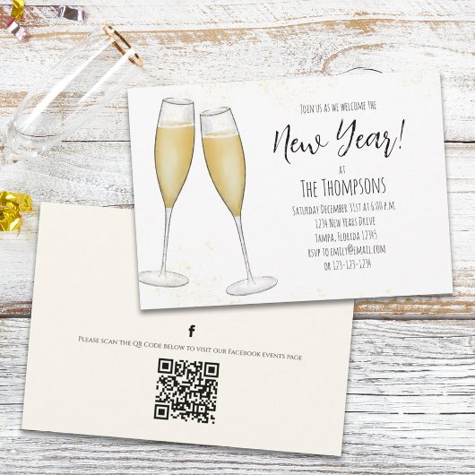 Invitation Réceptions du Nouvel An simples Champagne Code QR 
