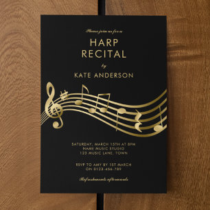 Invitation Récital de harpe personnalisé Notes de musique or 