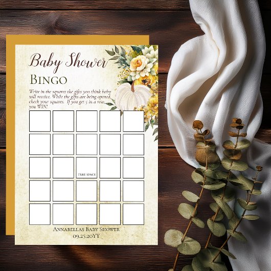 Invitation Récolte citrouille | Bingo Baby shower Floral Or