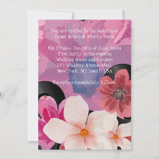 Invitation Records Danseurs Joyosité Fleurs roses Mariage (Dos)