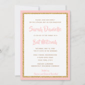Invitation Rectangle Bat Mitzvah rose et paillettes dorées (Devant)