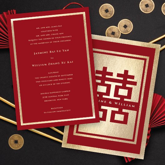 Invitation Rectangle Classique Double Bonheur Mariage Chinois