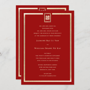 Invitation Rectangle d'or double bonheur Mariage chinois
