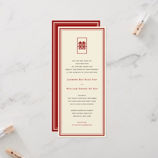 Invitation Rectangle double bonheur simple Mariage chinois (Devant/Arrière en situation)