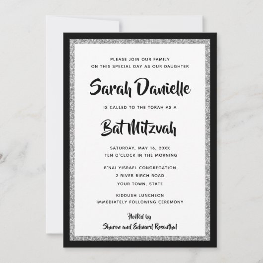 Invitation Rectangle noir et argent Bat mitzvah (Devant)
