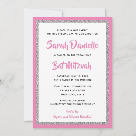 Invitation Rectangle rose et argenté Bat mitzvah (Devant)