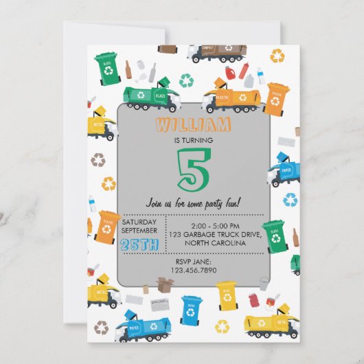 Invitation Recyclage coloré ordures Camions et poubelles Anni (Devant)