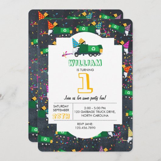 Invitation Recyclage personnalisé Garbage Truck fête d'annive (Devant / Derrière)