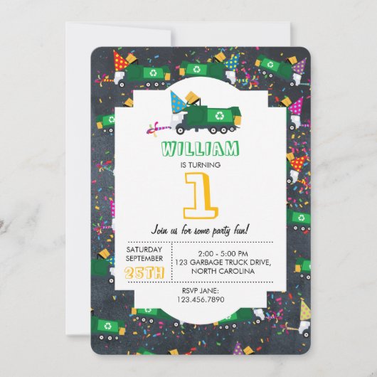 Invitation Recyclage personnalisé Garbage Truck fête d'annive (Devant)