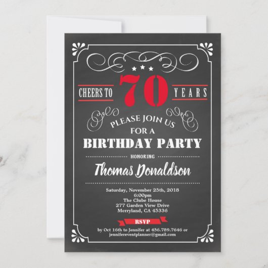 Invitation Red 70th anniversaire chalkboard rétro (Devant)
