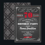 Invitation Red 70th anniversaire chalkboard rétro<br><div class="desc">[Any Age. All text are editable] Theme : Birthday,  Anniversary,  Retirement Party / Celebration Style : Retro,  Vintage,  Elegant Colors : Black,  Red and White. graphics: retro chalkboard ,  vintage typographiy and frame,  damask background,  red lettering.</div>